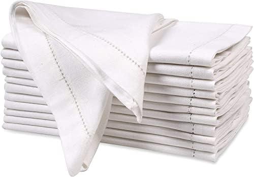Ramanta Home Hemstitched Dinner Napkins Set of 9 - White, 18x18 Inches - Premium Textured Cotton Soft Cloth Napkins - Durable and Reusable for Weddings or Everyday Use