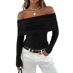 ZESICA Long Sleeve Shirts for Womens Ribbed Knit Off Shoulder Slim Fit Going Out Tops Outfits 2025 Trendy Fashion Clothes, Black, Medium