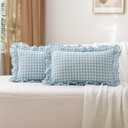 2 Pack Light Blue White Plaid Ruffle Gingham Lumbar Throw Pillow Covers, 100% Washed Cotton Checkered Farmhouse Decorative Pillow Shams for Bed/Sofa Zipper Closure - 12''x20''