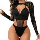Avidlove Rave Outfits for Women Festival Sexy Lingerie Bodysuit Buckle Shrug Crop Top Set (Medium, Black Geometric)