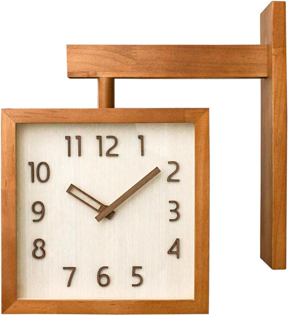 Corner Wall Clock, Double Sided Wall Clock, Wall Clock Simple Silent Square Double Sided Clock Wooden Decorative Corner Clock for Living Room Household (Dark Wood)