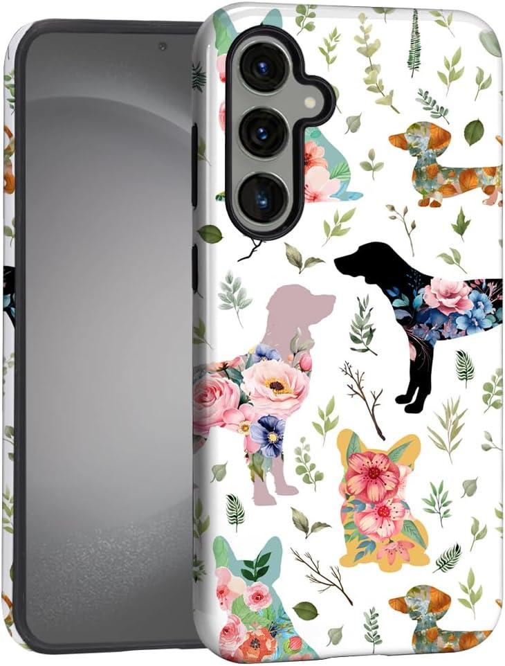 Zeggi Case for Samsung Galaxy S25,Soft Silicone Rubber and Hard Acrylic 2-in-1 Matte Phone Cover for Women,Shockproof Anti-Scratch Protective Case for Samsung Galaxy S25 Flower Dog
