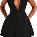 LuFeng Women's Summer Sexy Cap Sleeve Deep V Neck Zipper A-line Mini Dress Hollow Bodycon Night Out Party Dress (Medium)