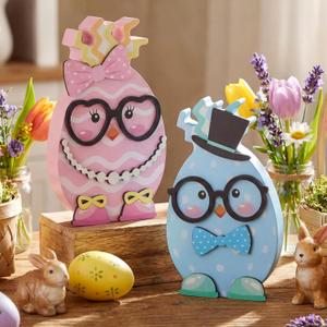 Pinkunn 2 Pcs Easter Egg Table Wooden Signs Egg Couple Easter Table Centerpiece Decorations Color Eggs with Glasses Necklace Bow for Spring Party Kitchen Office Dining Room Home Decor