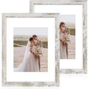 Hongkee 11x14 Picture Frame Set of 2, Made of Glass and Distressed White Wooden Frame, Display 8x10 Pictures with Mat or 11 x 14 Posters without Mat for Wall Mounting, Gallery Photo Frames