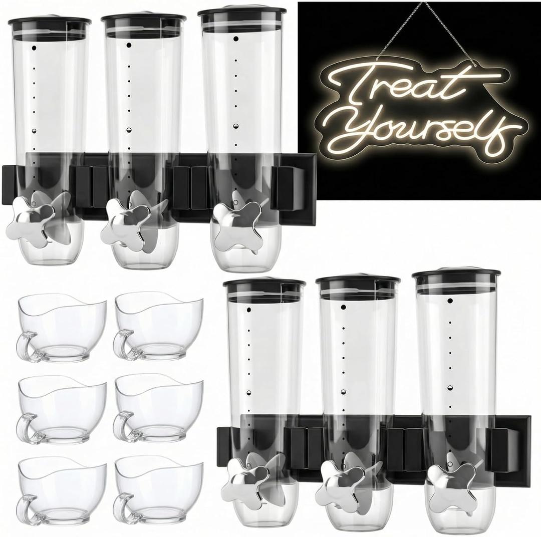 Lounsweer 6 Pcs Wall Candy Dispenser with 1pcs Treat Yourself Neon Signs 9 L Machine Grain Dispenser Neon Snack Sign Wall Mount for Home Kitchen Food Store Birthday Gift Party Decor, 7.9 x 15.8 inches