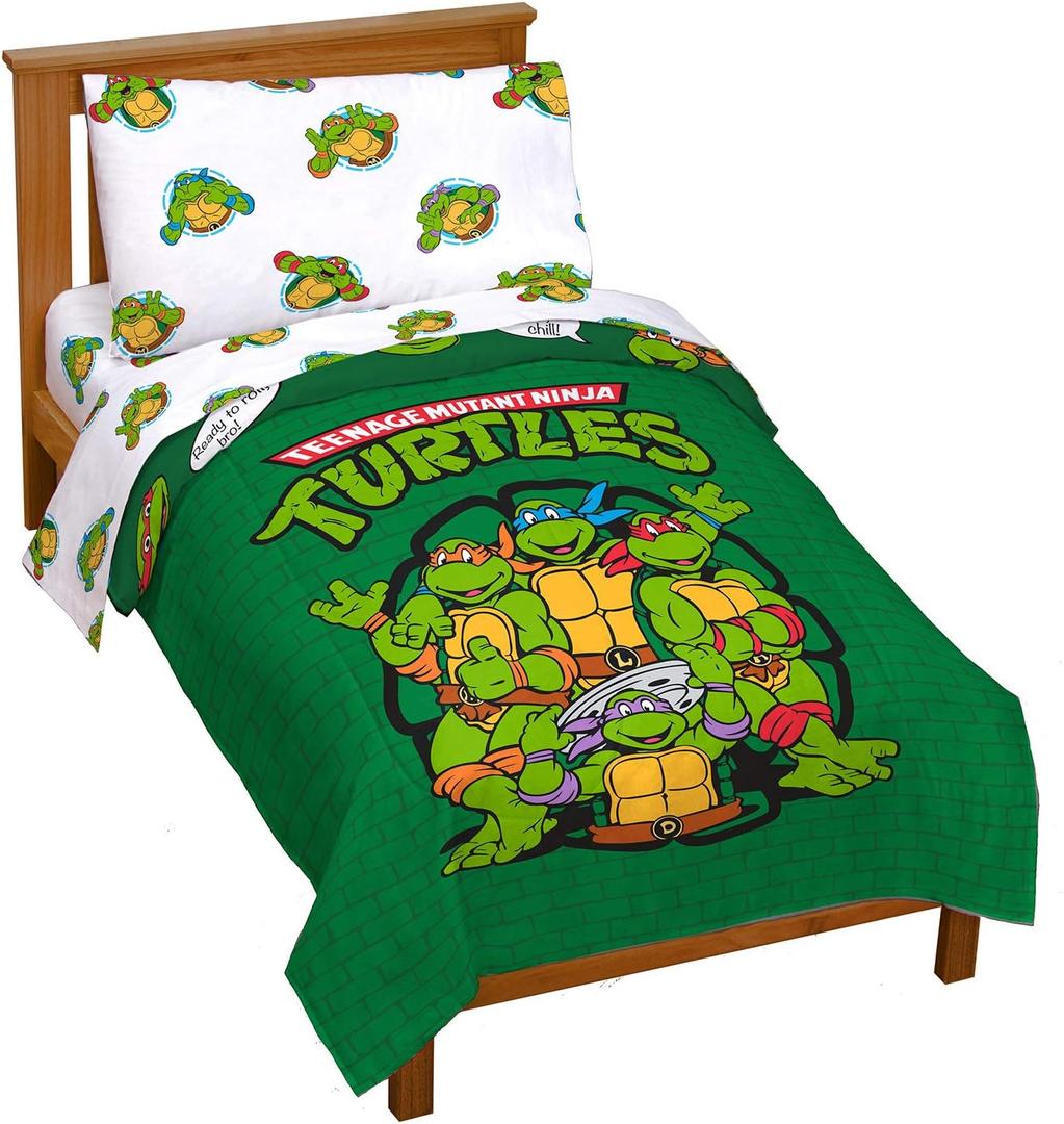 Jay Franco Nickelodeon Teenage Mutant Ninja Turtles Green Bricks 4 Piece Toddler Bed Set - Includes Reversible Comforter & Sheet Set Bedding - Super Soft Fade Resistant Microfiber