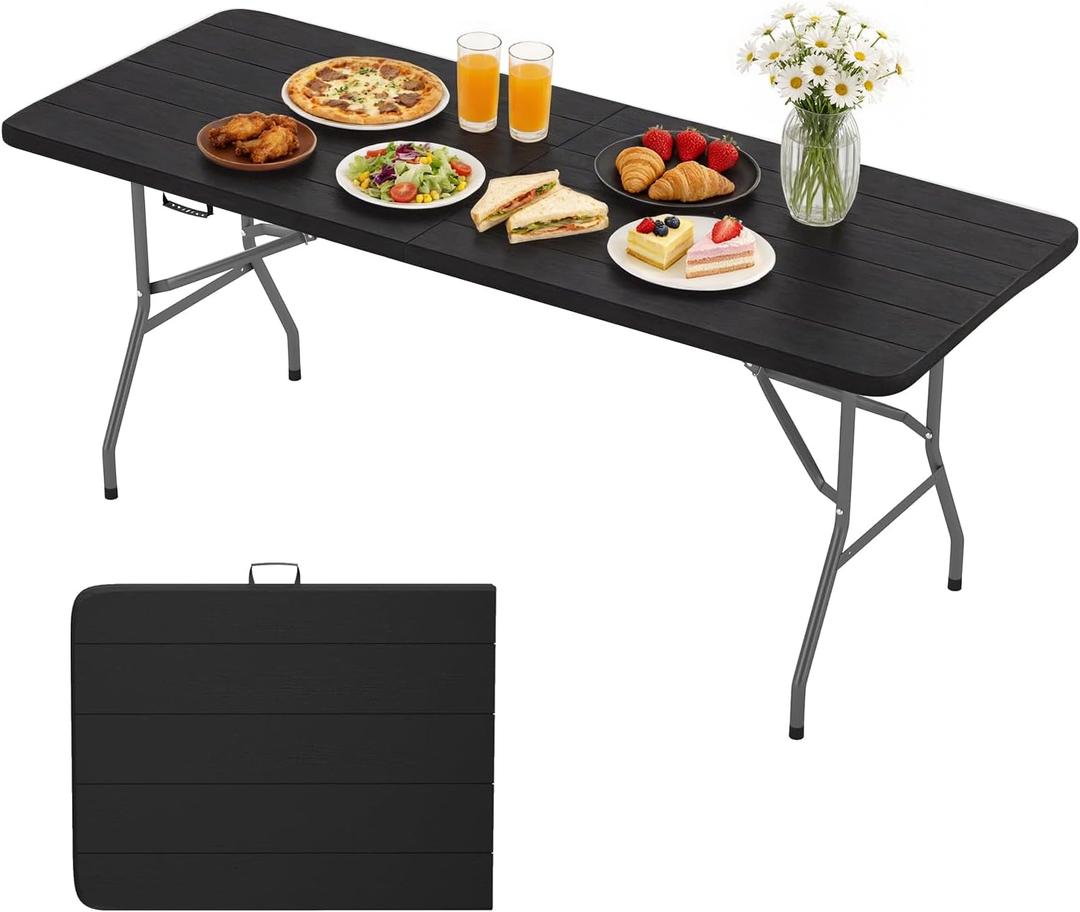 BestOffice | 6FT Folding Table | Black Wood Grain | Portable Plastic Table, 6 FT 70"x28"