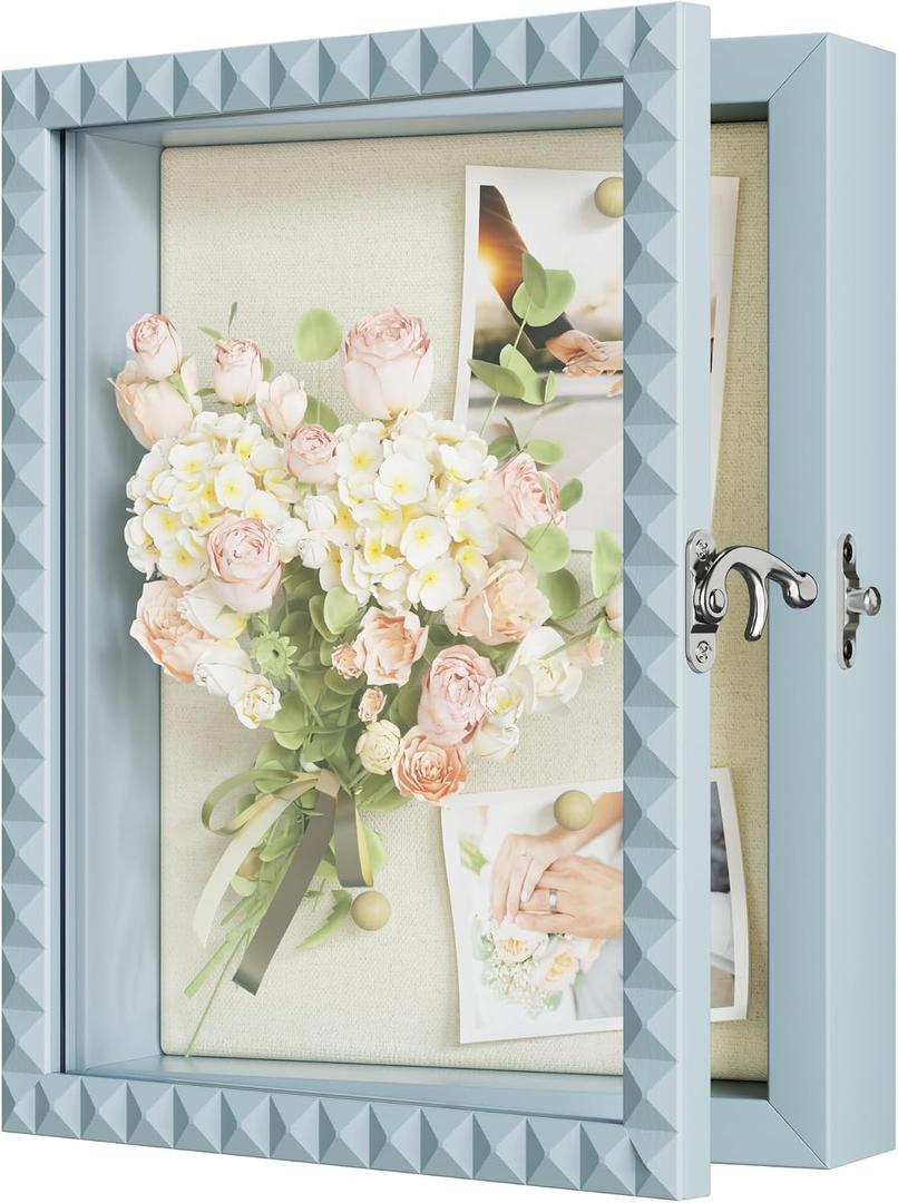 SZQINJI Shadow Box Frame 8x10 Shadow Box Small Deep Shadow Boxes Display Cases with Front Opening Vintage Lock Diamond Shape Door for Pet Memorial Keepsakes Wedding Flower Baby Graduation Blue