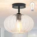 Black Semi Flush Mount Ceiling Lights Fixture Farmhouse Globe Glass Mid Century Light Fixtures Textured Glass Hallway Lights Fixtures Vintage Ceiling Light for Bathroom Entryway(Bulb Incl.)