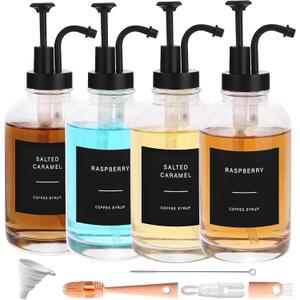 Coffee Syrup Dispenser-4pack,16.9 oz 500ml,Coffee Bar Accessories,Syrup Pump Dispenser for Coffee Bar,Contains Cleaning Tools, Funnel (Black)