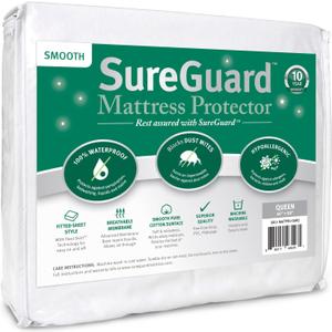 SureGuard Queen Size Mattress Protector - 100% Waterproof, Hypoallergenic - Premium Fitted Cotton Cover - Smooth
