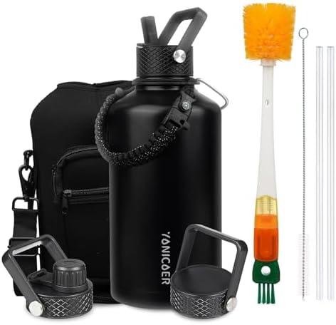 YONICOER Insulated Water Bottle 87oz,Triple Wall Vacuum Stainless Steel(Dishwasher Safe),Leak Proof & Non-BPA,Flask Jug with Paracord Handle & Straw Spout Lids Sports Black