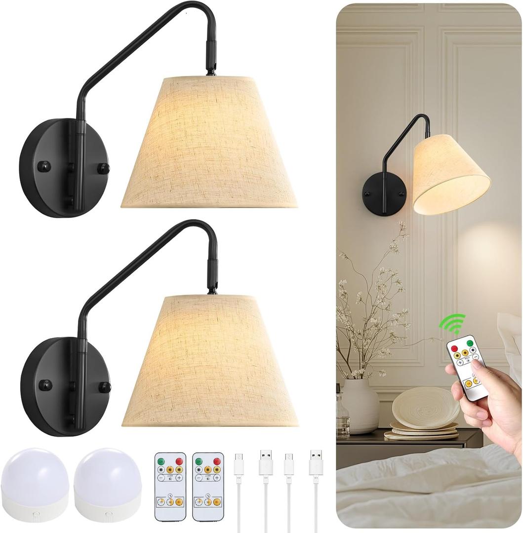 Black Wireless Wall Sconces Set of Two, Swing Arm Battery Wall Sconce, Battery Operated Wall Sconce with Remote, Battery Sconces with Linen Lampshade, Rechargeable Wall Lights for Living Room