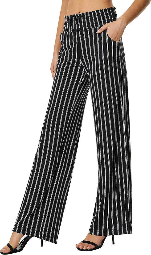 Urban CoCo Women's Boho Palazzo Pants Wide Leg Beach Pants High Waisted Lounge Pants with Pockets (Large, Black/White)