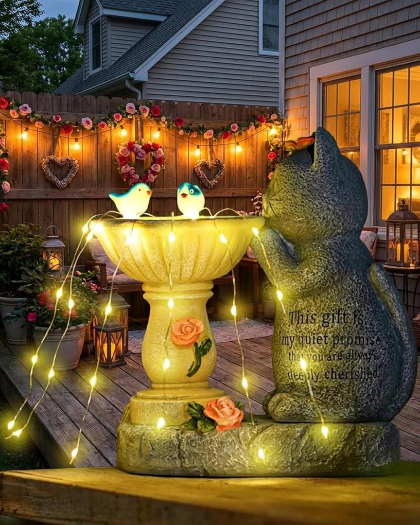 Garden Decor Cat Birdbath Statues, Solar Statues Decor with Butterfly Garden Decor for Home House, Yard Art Lawn, Ornaments, Porch Patio, Balcony - Birthday Gifts for Grandma Mom Women