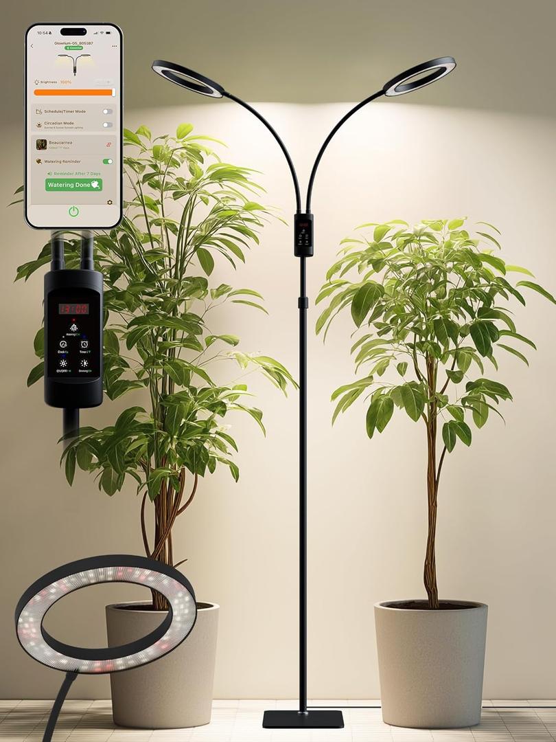 Smart Grow Lights for Indoor Plants, 48W Plant Light with Auto-Timer, Full Spectrum LED Grow Light, Adjustable Height & Stepless Dimming,Plant Assistant Suitable for Most Plants (Black (Dual Heads))