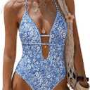 SOLY HUX Women's One Piece Swimsuit Floral Halter Deep V Neck Bathing Suit Boho Summer Swimwear (Blue, L)