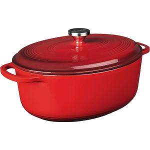 Lodge 7 Quart Enameled Cast Iron Oval Dutch Oven with Lid  Dual Handles  Oven Safe up to 500 F or on Stovetop - Use to Marinate, Cook, Bake, Refrigerate and Serve  Red