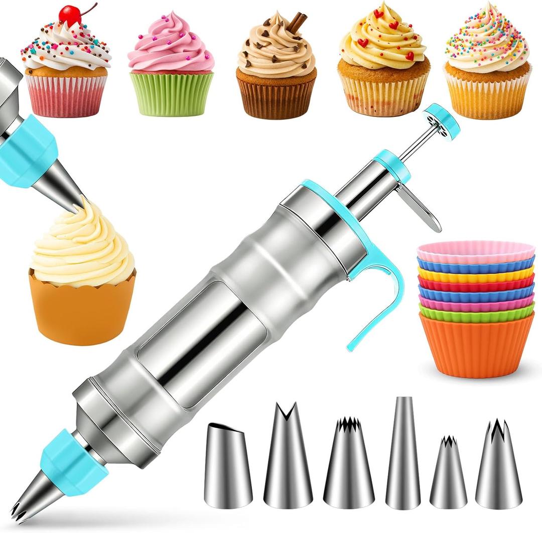 Novano Dessert Decorating Syringe Set, Frosting Piping Kit Stainless Steels Cake Decorating Kit with 6 Piping Tips & 9 silicone cupcakes, Cupcake Decorating Kit Piping Bags and Tips Set (Blue)