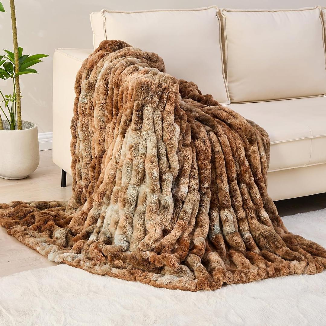 Softan Extra Soft Faux Fur Blanket, Warm Striped Faux Fur Throw Blanket with Flannel Fleece Reverse for Couch Sofa Bed Living Room, Brown- 50"x 60"