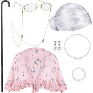 BBTO 100 Days of School Costume Old Lady Costume for Kids Granny Wig Shawl Grandma Outifits with Glasses and Accessories