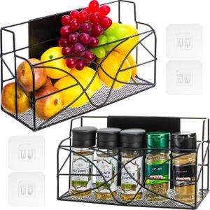 WUWEOT Magnetic Refrigerator Basket Set of 2, Magnetic Fruit Potato Onion Storage Shelves, Spice Rack Organizer Bin, Whiteboard Classroom Basket with 4 Hooks for Refrigerator Kitchen Office School