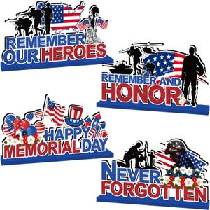 4pcs Memorial Day Decorations Table Wooden Centerpiece Happy Memorial Day Table Decorations Remember and Honor Tabletop Tiered Tray Decor for Patriotic Themed Party Decor Supplies