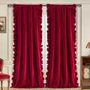 Likiyol Red Velvet Curtains for Living Room 84 Inch Ruffle Christmas Blackout Curtains for Bedroom with Tieback, Thermal Insulated Rod Pocket Window Curtain Room Darkening Drapes 52"W x 84"L, 2 Panels
