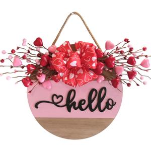 Valentine's Day Wooden Wreaths Sign with Artificial Berry Decoration, Hearts and Buffalo Bow Farmhouse Entrance Outdoor Art Wall Decor