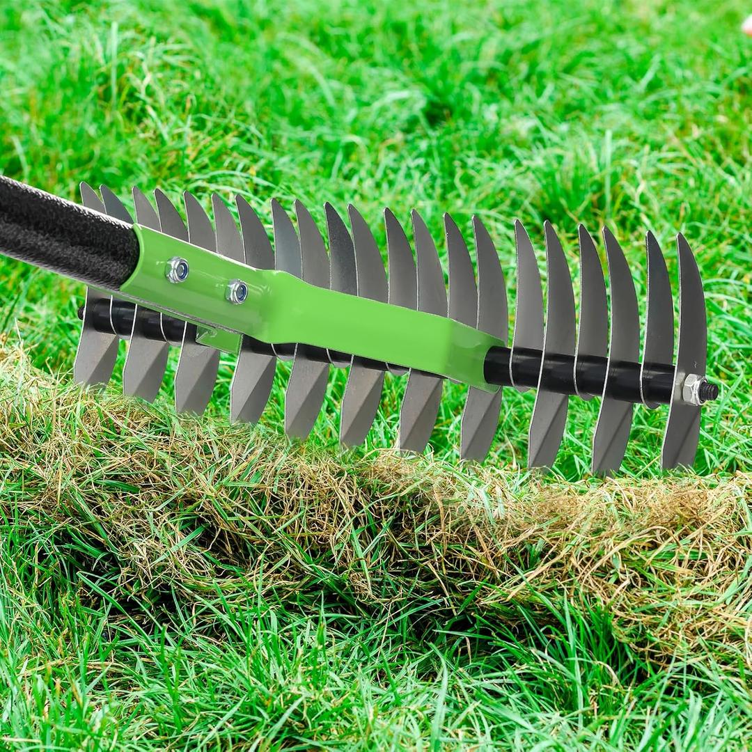 65" Thatch Rake & Garden Rake 13" Narrow Dual-Sided Sharp Steel Tines, Adjustable Handle, Lightweight & Reversible Head for Precision Lawn Care, Debris Removal and Soil Leveling