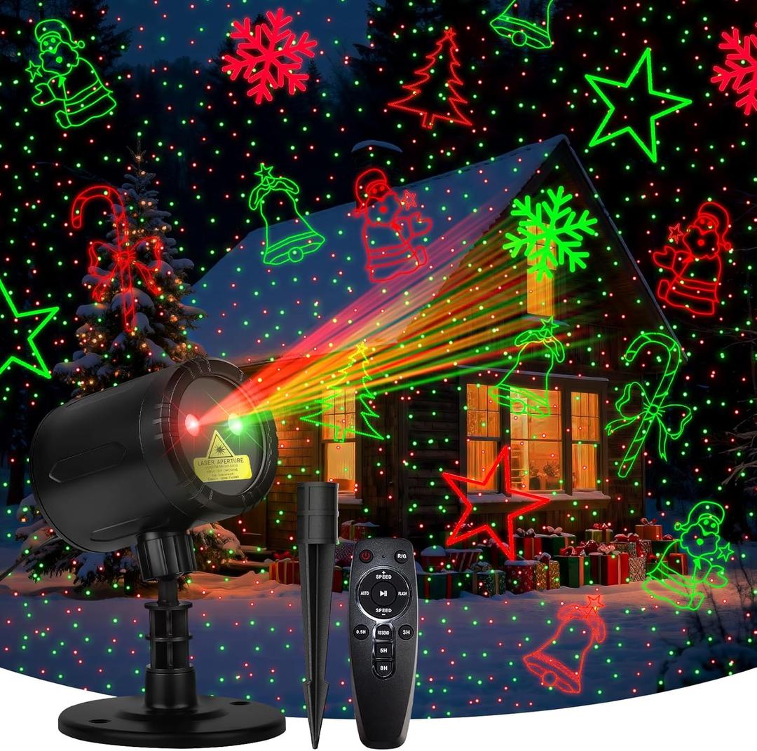 Christmas Projector Lights Outdoor, Red & Green Laser Light Projector with Remote and Timer, 8 Dynamic Patterns Waterproof Christmas Decorations for Indoor Garden Party Xmas Holiday New Year