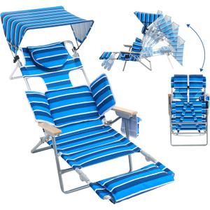 Outdoor Sunshade Backpack Beach Chair with Face Hole, Reclining Lounge Chair with Footrest, 5-Position Foldable Camping Chair with Towel Bar, Cup and Phone Holder for Sand Pool Lawn (Blue/White) (Blue and White Stripe)