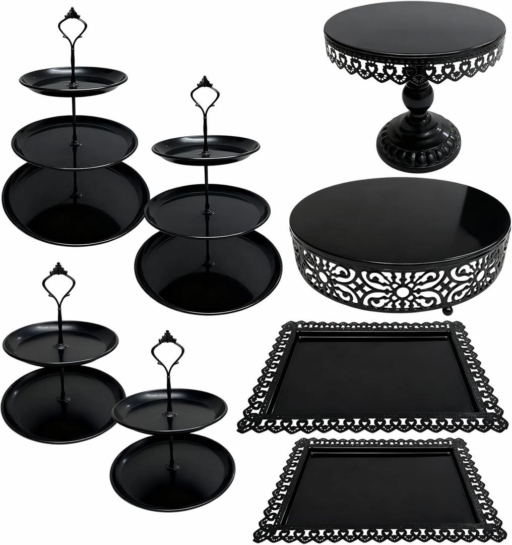 8 Pcs Cake Stands Set Metal Dessert Table Display Tiered Cupcake Holder Candy Donut Fruit Plate Cake Serving Tray Candlestick Display Treats Serving Tower for Wedding Birthday Party Decor (Black)