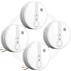 Smoke Detector, Hardwired Interconnected Smoke Detectors, Smoke Alarm with Replaceable 9V Battery, Interconnects Up to 12 Fire Alarms Smoke Detectors, Fire Alarm with Test/Silence Button 4 Packs