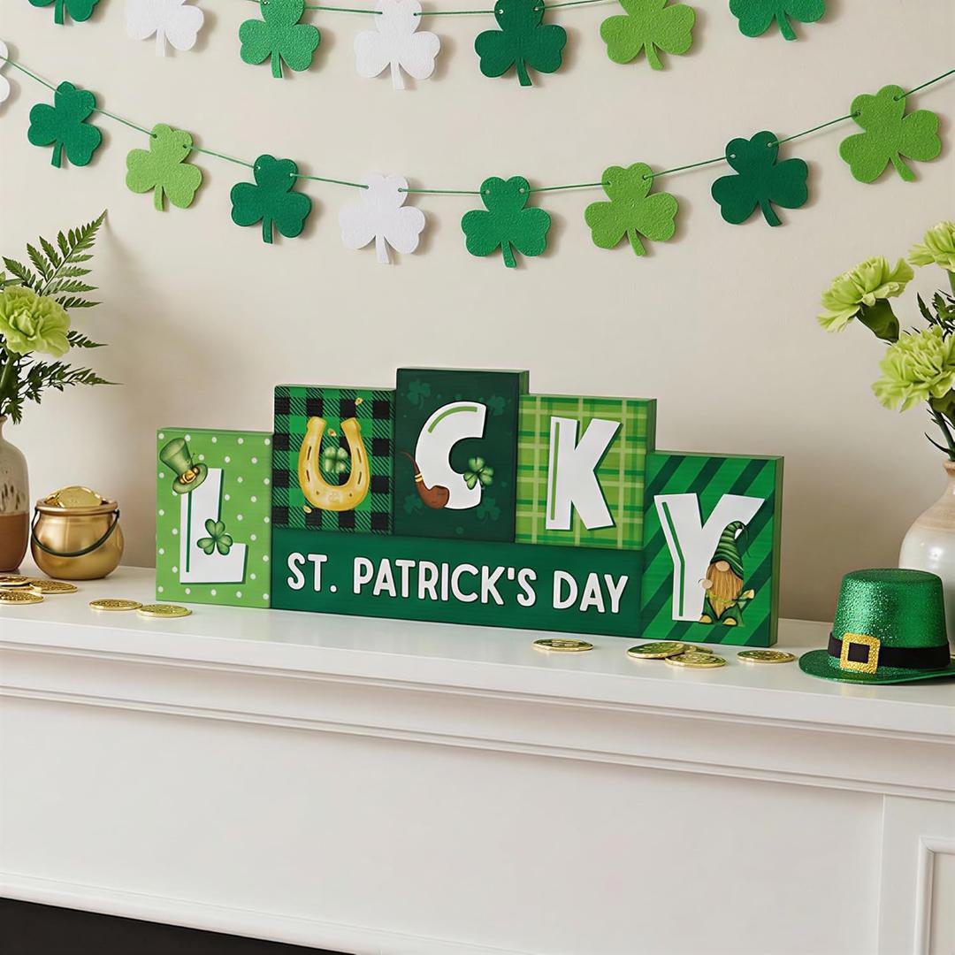 St. Patrick's Day Decorations, Wooden St Patricks Day Table Decorations, St. Patrick's Tabletop Decor Irish Table Centerpiece for Shelf Mantel Home Party Decor (Green)