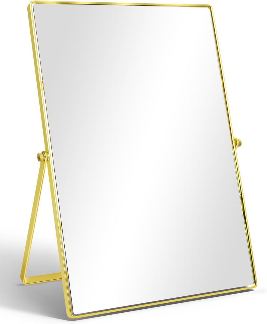 Vanity Desk Table Mirror, Adjustable Rectangular Tabletop Standing Makeup Mirror with Metal Framed for Living Room, Bedroom, Bathroom, Gold
