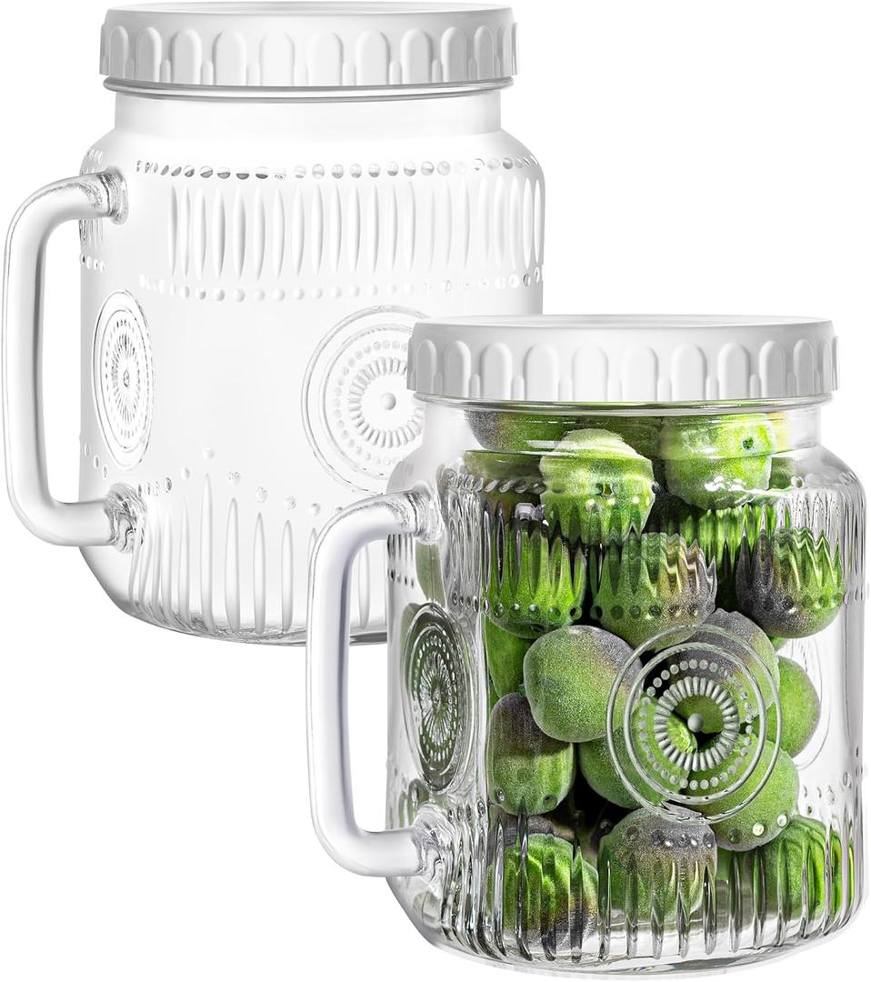 Amzcku 2 Pack Large Glass Mason Jars, 74 oz Wide Mouth with Lid with Handles for Fridge, Glass Canisters for Food Storage, DIY Decor, Perfect for Sugar, Flour, Cookies, Pickles, and More