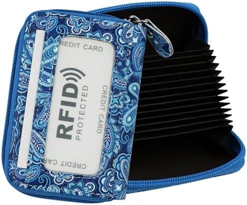 ZHOMA RFID Blocking Genuine Leather Credit Card Case Holder Security Travel Wallet With Removable Keychain ID Window for Men Women -Blue Flower