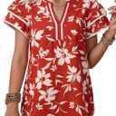 Dokotoo Womens Summer Tops 2026 Boho Floral Ruffle Short Sleeve V Neck Dressy Casual Loose Blouses Shirts (Red, L)
