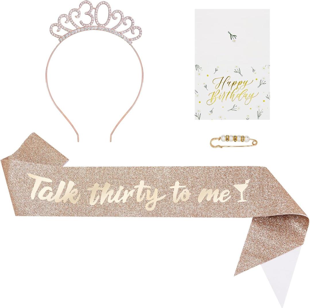 30th Birthday Decorations for Her, Rose Gold Glitter "Talk Thirty To Me Sash" Sash & Rhinestone Headband & Pearl Pin & Happy Birthday Card for Women Party Favors