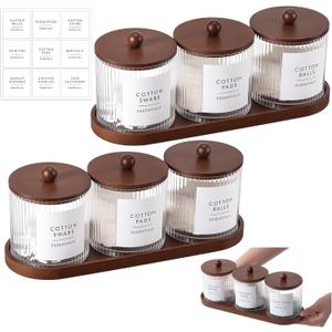 Vesici 6 Pack Bathroom Canisters Ribbed Apothecary Jars with Bamboo Lids 2 Bamboo Trays and 9 Label Stickers Cotton Swabs Holder Bathroom Organizer Storage Set Acrylic 18 oz Dispenser Container(Brown)