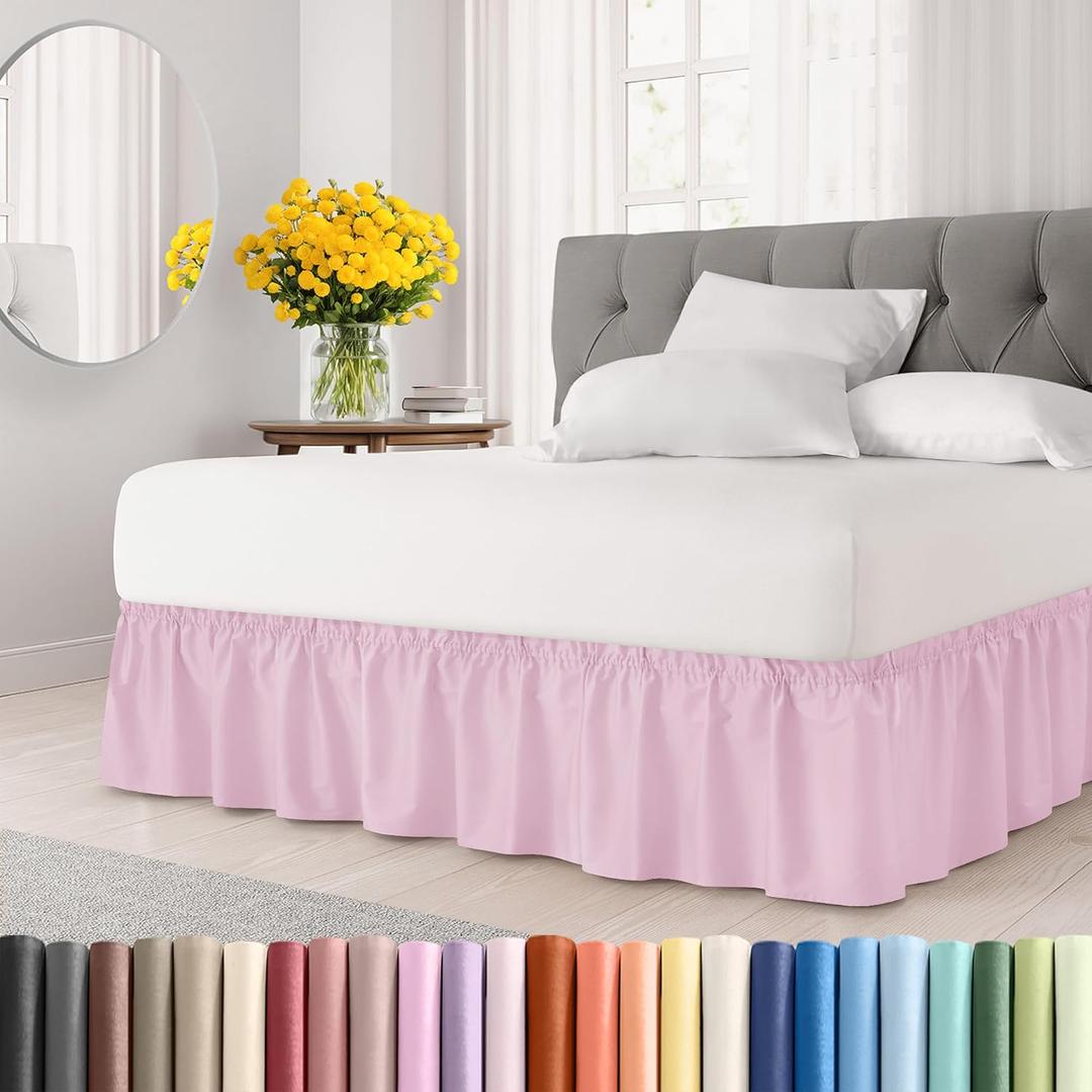 Wrap Around Dust Ruffle Bed Skirt - Light Pink - for Full Size Beds with 18 Inch Drop - Elastic Strap - Adjustable Pleated Bedskirt with Brushed Fabric and Wrinkle Free - for Women, Men, Kids & Teens
