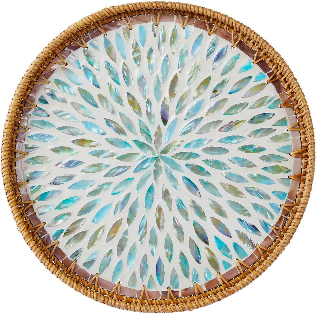 14'' Round Rattan Tray, Home Decor with Mother of Pearl Inlay, Terrekraft | Handcrafted Rattan with Shell Inlay, Wipe-clean, Boho Farmhouse Coastal Decor, Ideal for Coffee Table Ottoman Vanity Bedside