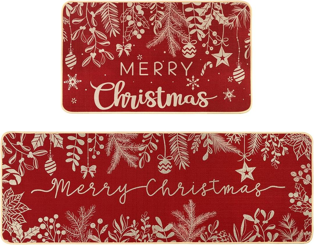 DIYDEC Christmas Kitchen Rugs Set of 2 Merry Christmas Kitchen Mats for Floor Winter Decor Holly Pine Branches Leaves Red Kitchen Rugs for Xmas Kitchen Bedroom Farmhouse Decorations Red