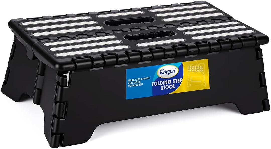 Korpai 5" Folding Step Stool for Adults and Kids 15-Inch Extra Wide Stool Holds Up to 300 lbs,Non-Slip Folding Stools with Handle,Compact Plastic Foldable Step Stool for Bathroom,Kitchen,ect, Black