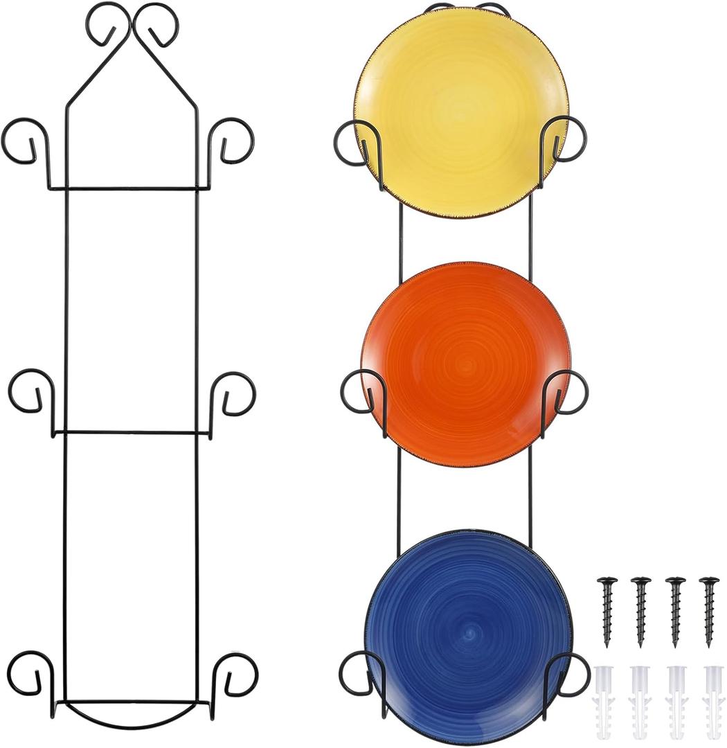 Menkxi 2 Pcs Plate Hangers for Wall Vertical Vintage Wall Plate Holder Decorative for Display Hanger Brackets Mount Rack Arts with Screw and Nut Fittings for Display Dishes Picture Frame(3 Tier,Black)