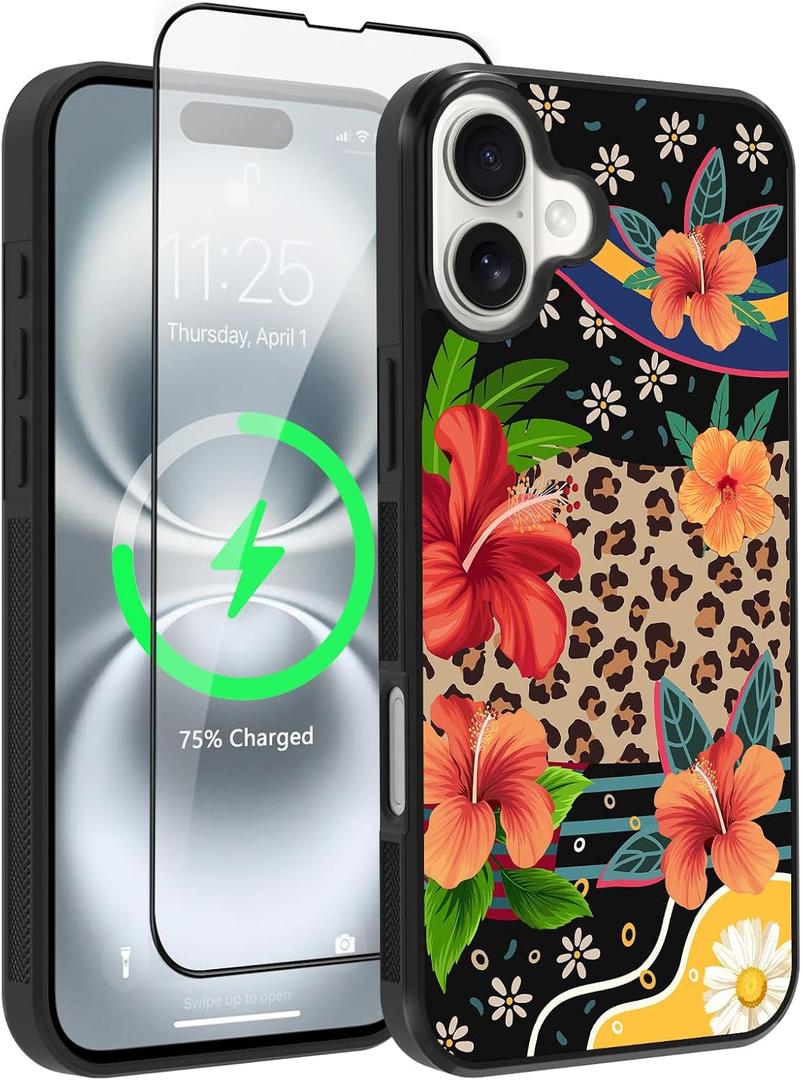OOK Magnetic for iPhone 16 Case Leopard and Flower Splicing Design [Compatible with MagSafe] Hard PC+Soft TPU Bumper Anti-Slip Ultra Thin Case, Brown