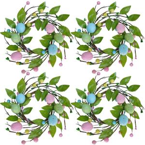 Winlyn 4 Pcs Easter Egg Candle Rings Wreaths Spring Artificial Foliage Berry and Egg Wreath Pastel Easter Eggs Candle Holder Rings 11" for Easter Holiday Springtime Decor Front Door Table Centerpiece