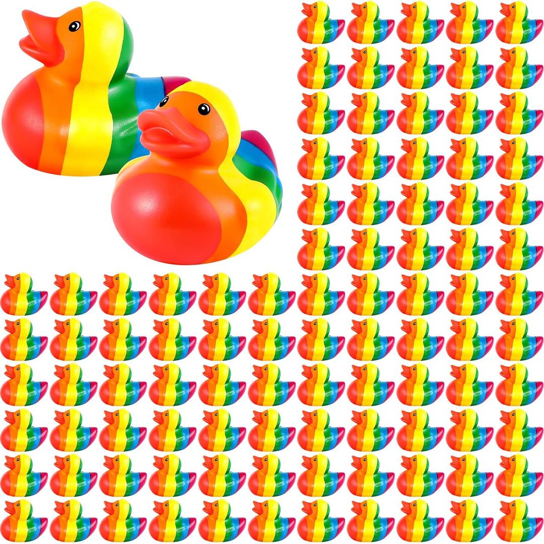 DEEKIN 100 Pcs Rainbow Rubber Duck Mini Rubber Duckies Bulk Bathtub Ducky Decorations for Rainbow Colorful Birthday Party LGBT Party Favors Gift